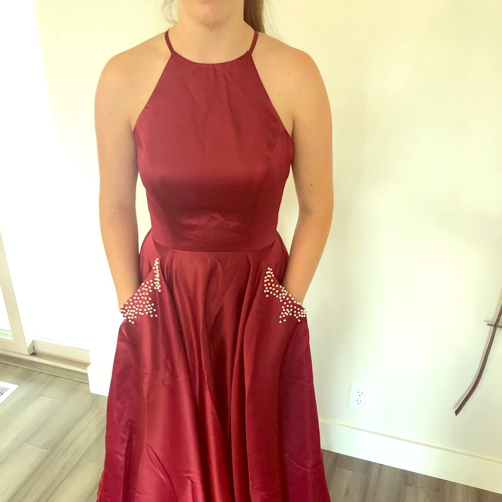 Burgandy, halter style gown